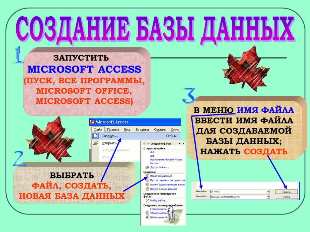 Колесова Ж. В. СОЗДАНИЕ БАЗЫ ДАННЫХ ЗАПУСТИТЬ MICROSOFT ACCESS (ПУСК, ВСЕ ПРОГРАММЫ, MICROSOFT OFFICE,